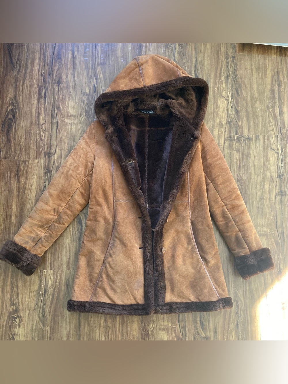 Marvin Richards Two-Tone Brown Hooded Faux Shearling Leather Coat Women’s XS